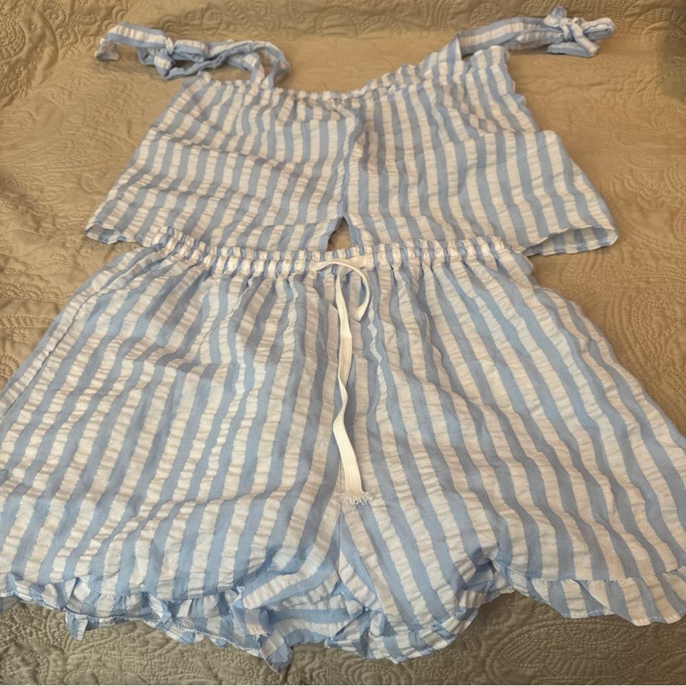 Blue and White Striped Two-Piece PJs - Picture 2 of 10